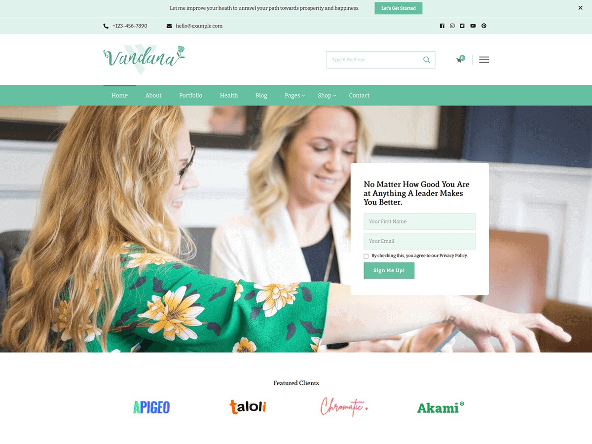 Vandana Health Coach WordPress ecommerce theme